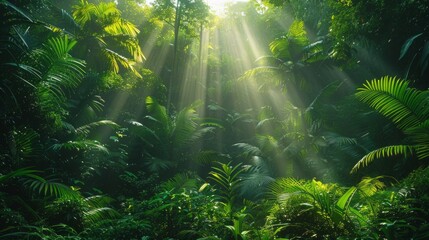 Dense tropical jungle, sunlight piercing through foliage, humid, rich biodiversity, vivid, AI Generative