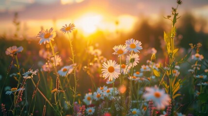 Die warmen Sonnenstrahlen beleuchten eine prachtige Blumenwiese, voller leuchtender Farben und Lebens, AI Generative - obrazy, fototapety, plakaty