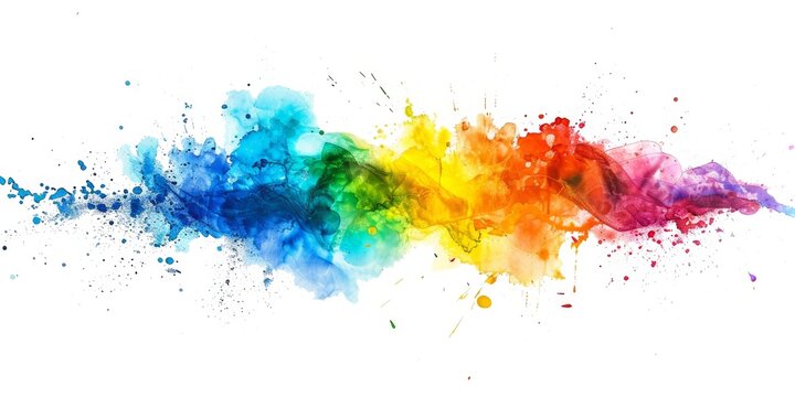 Bold watercolor rainbow splashes burst with vibrant, dynamic colors across pristine white, infusing the canvas with electrifying energy and vitality in art.