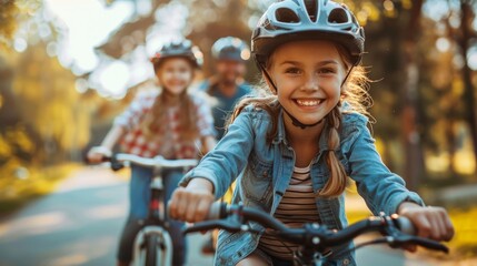 Fototapeta na wymiar Joyful family bike ride in summer park, laughter and bonding, mother, father, daughter cycling, AI Generative