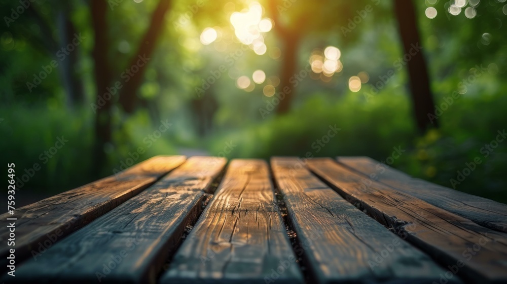 Poster smooth wooden surface of an empty table, with the richness of its texture highlighted in front of a 