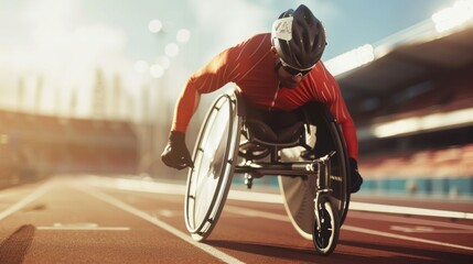 Paralympic athlete in a wheelchair racing on a track., AI Generative - obrazy, fototapety, plakaty