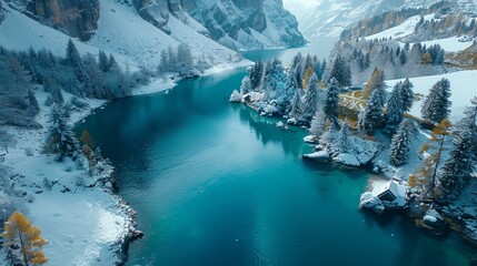 Oeschinensee serene beauty, turquoise waters embrace snowy Alps, AI Generative - obrazy, fototapety, plakaty