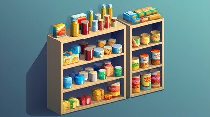 Fototapeta premium An isometric illustration of a grocery shelf stocked with various colorful food items, perfect for advertising and retail design