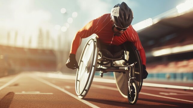 Paralympic athlete in a wheelchair racing on a track., AI Generative