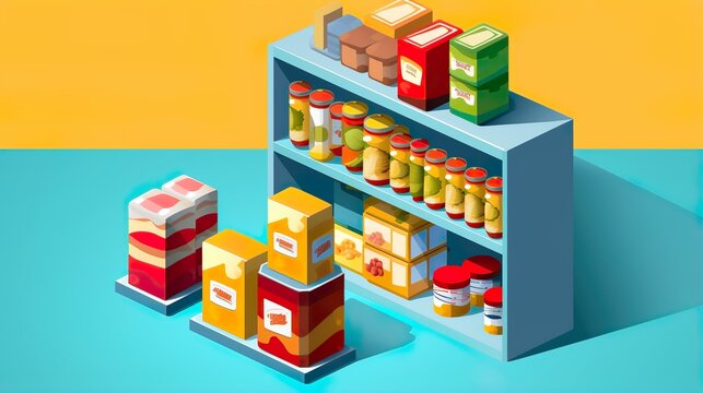 Bright and modern isometric design of supermarket shelves filled with various goods, suitable for retail graphics