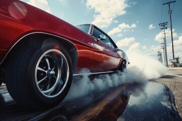 Low angle shot of muscle car revving engine power and aggression evident.