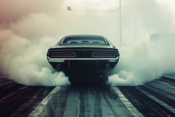 Muscle car doing a burnout at a drag strip clouds of smoke enveloping the scene. - obrazy, fototapety, plakaty