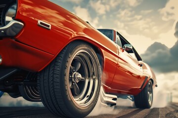 Low angle shot of muscle car revving engine power and aggression evident. - obrazy, fototapety, plakaty