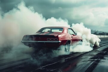 Muscle car doing a burnout at a drag strip clouds of smoke enveloping the scene.