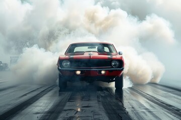 Muscle car doing a burnout at a drag strip clouds of smoke enveloping the scene.