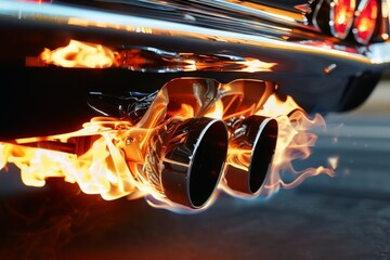 Muscle car exhaust pipes emitting flames high performance action. - obrazy, fototapety, plakaty