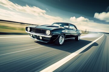 Fototapeta premium Muscle car roaring down an open highway blurred motion conveying speed.