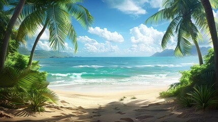 sun-drenched tropical beach, emerald palm trees, shimmering turquoise Caribbean waters, AI Generative