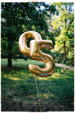 Golden mylar number balloons in a pic-nic party next to the trees