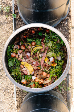 Overhead shot of compost bin outside