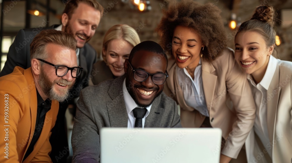 Poster diverse team collaborating around laptop generative ai