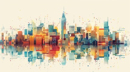 A colorful abstract representation of a city skyline and its reflection, created with geometric shapes and digital textures. - obrazy, fototapety, plakaty