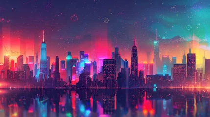 Selbstklebende Fototapeten A vibrant digital art piece featuring a neon-infused cyberpunk cityscape with a dramatic water reflection under a starry sky. © Praphan