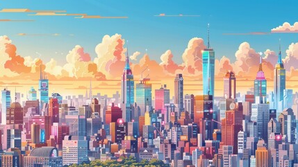 Illustrated city skyline with a multitude of colorful buildings and a clear blue sky, conveying a lively urban atmosphere.