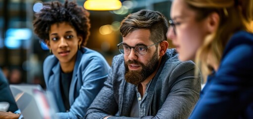 Fototapeta premium Diverse Group of People Sitting at Table With Laptop Generative AI