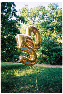 50th anniversary golden balloons celebrating among trees at park