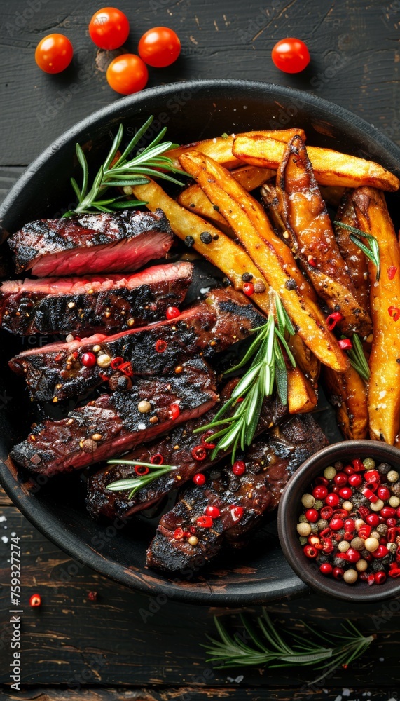Aufkleber classic steak and fries on wooden table top view with ample space for text placement above view