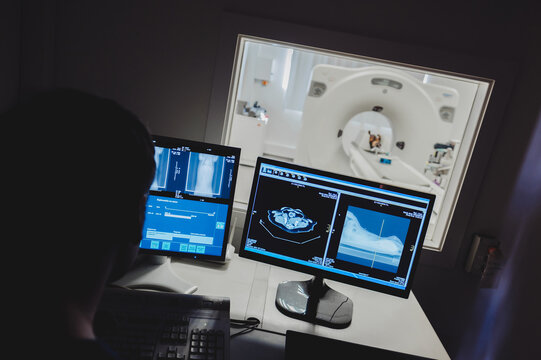 Vet analyzing CAT scan on dog from control room