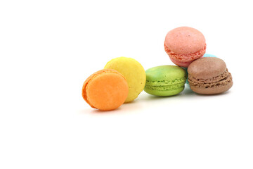 Sweet colorful macarons isolated on white background. Tasty colourful macaroons.