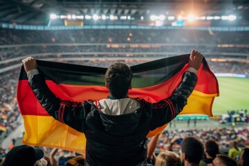 Happy German fan at stadium with flag
