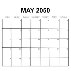 may 2050. monthly calendar design. week starts on sunday. printable, simple, and clean vector design isolated on white background.
