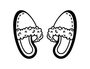 House slippers vector icon. Soft fluffy pair of shoes for bathroom, bedroom, hotel, spa. Fuzzy sheepskin footwear, warm accessory. Hand drawn doodle isolated on white. Clipart for print, logo, web