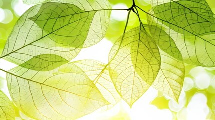 Close up detailed texture background of green tree leaf skeleton with light shining through