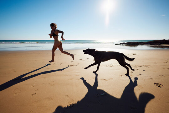 Woman runs with a dog on the beach