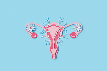 Top view of female uterus with blossoms made of colorful paper