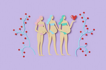 Three various figure of pregnant women holding heart shape in studio