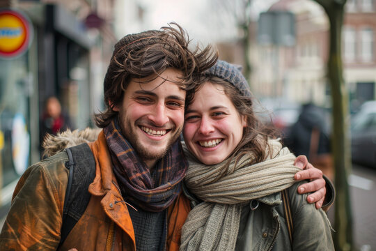 A man and a woman are posing for a picture and the woman is wearing a scarf