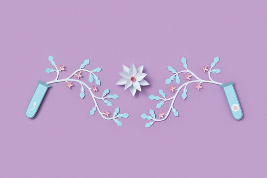 Paper flowers growing from test tubes with ovum and spermatozoon