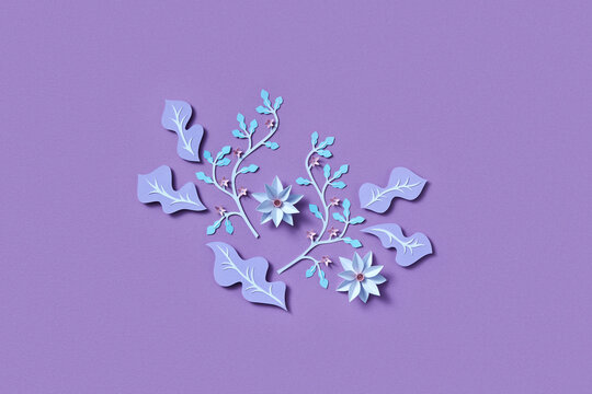 Paper artwork of flowers, leaves and stems on purple background