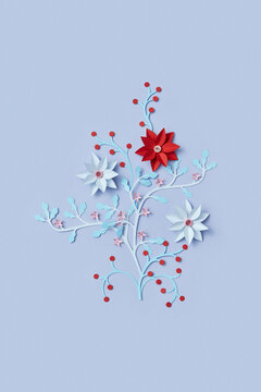 Handcrafted from colored paper flowers, leaves, buds and stems