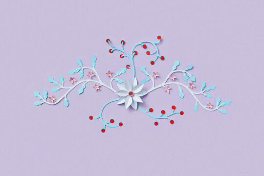 White paper flower surrounded by curling branches with buds and leaves