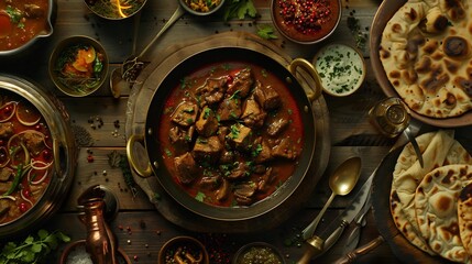 A tantalizing spread of lamb, mutton, and goat curry dishes served alongside freshly baked parathas - obrazy, fototapety, plakaty