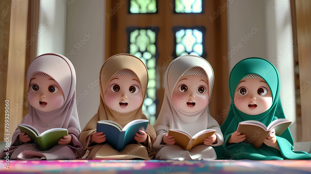 Canvas Prints Muslim kids. Islamic children cartoon characters.