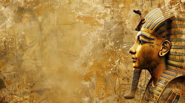 a golden yellow ancient egypt texture wallpaper background with a lot of empty blank copyspace. pharaoh in the right side
