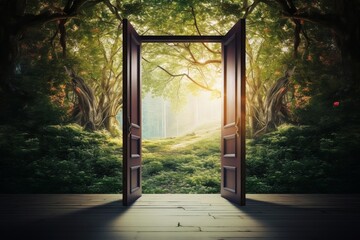 An open door showing the path to a new land with new opportunities. - obrazy, fototapety, plakaty