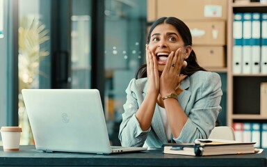Fototapeta premium Smiling businesswoman working at her desk feeling happiest