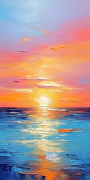 Abstract oil painting on canvas. Colorful sunset over the sea