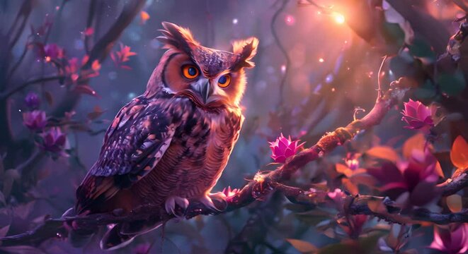An owl with plumage that echoes the vibrant colors of dragon fruit, perched in a mystical forest,