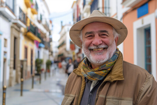 A man wearing a hat and scarf smiles for the camera