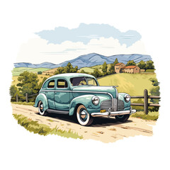 A vintage car illustration with a classic countryside